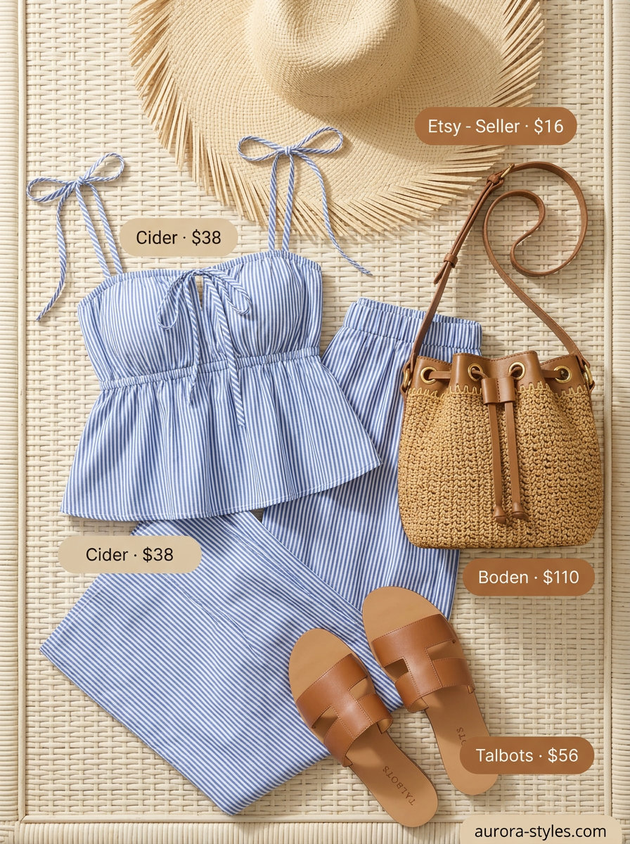 Seaside outfit: blue stripe linen co-ord set, straw bucket bag, leather slide sandals, straw sun hat.