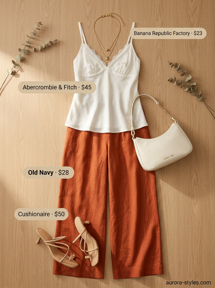 Terracotta linen pants, cream camisole, and nude sandals for trendy summer wardrobe ideas 2026 women.