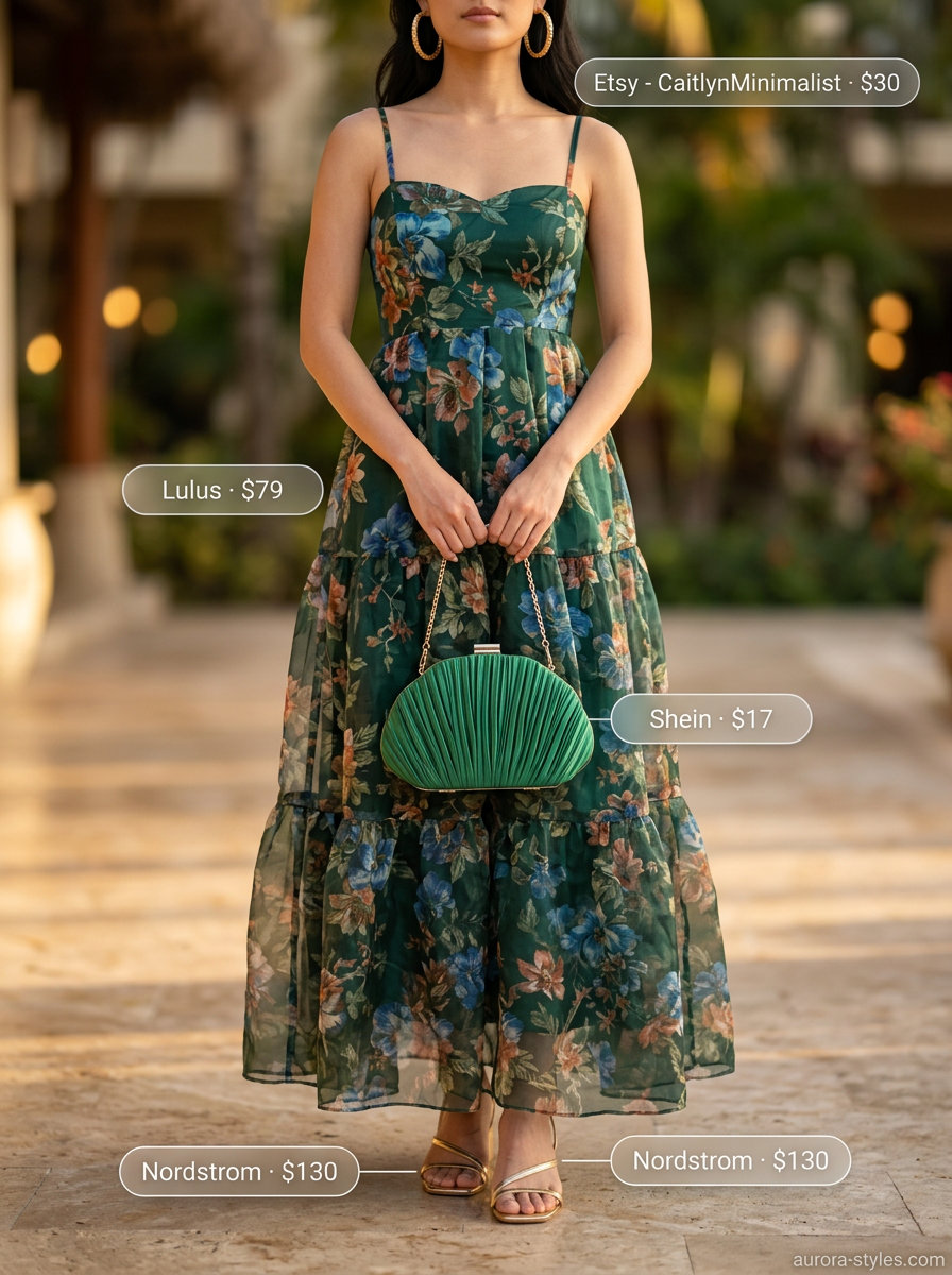Tropical floral maxi dress, gold block heels, and emerald green clutch for trendy summer wardrobe ideas 2026 women.