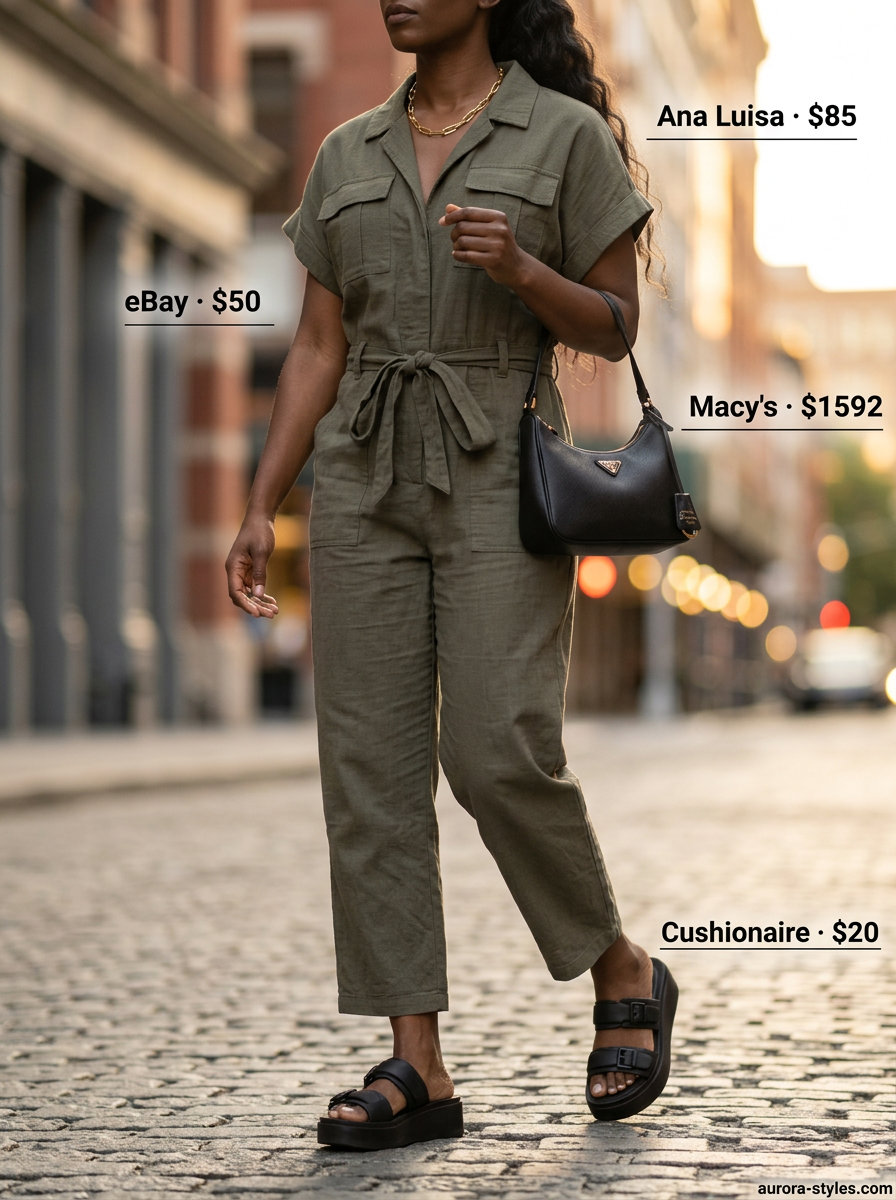 Khaki green utility jumpsuit, black platform sandals, and gold necklace for trendy summer wardrobe ideas 2026 women.