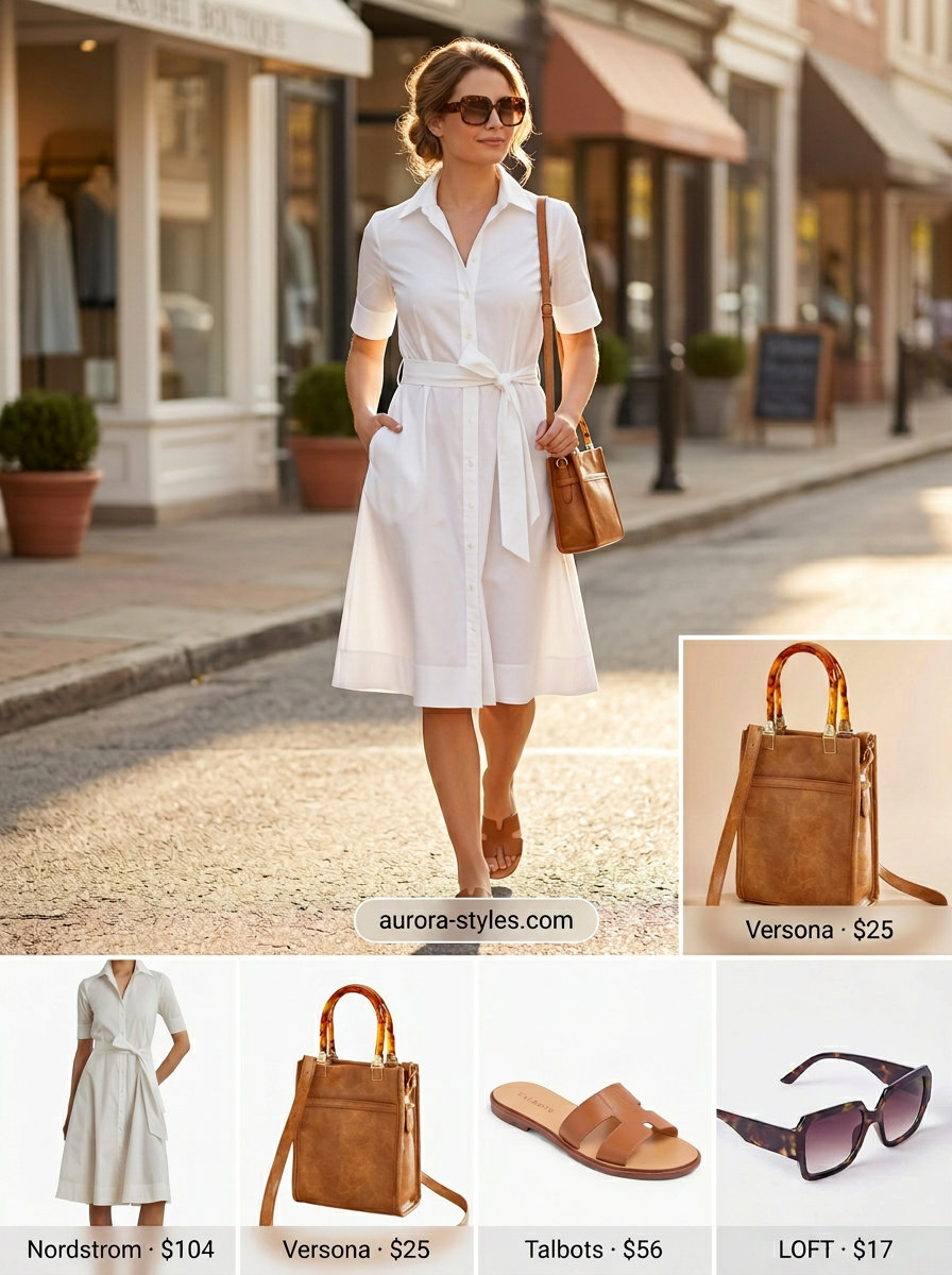Crisp white mini shirt dress with tan slide sandals and tortoise sunglasses for trendy summer wardrobe 2026 women.