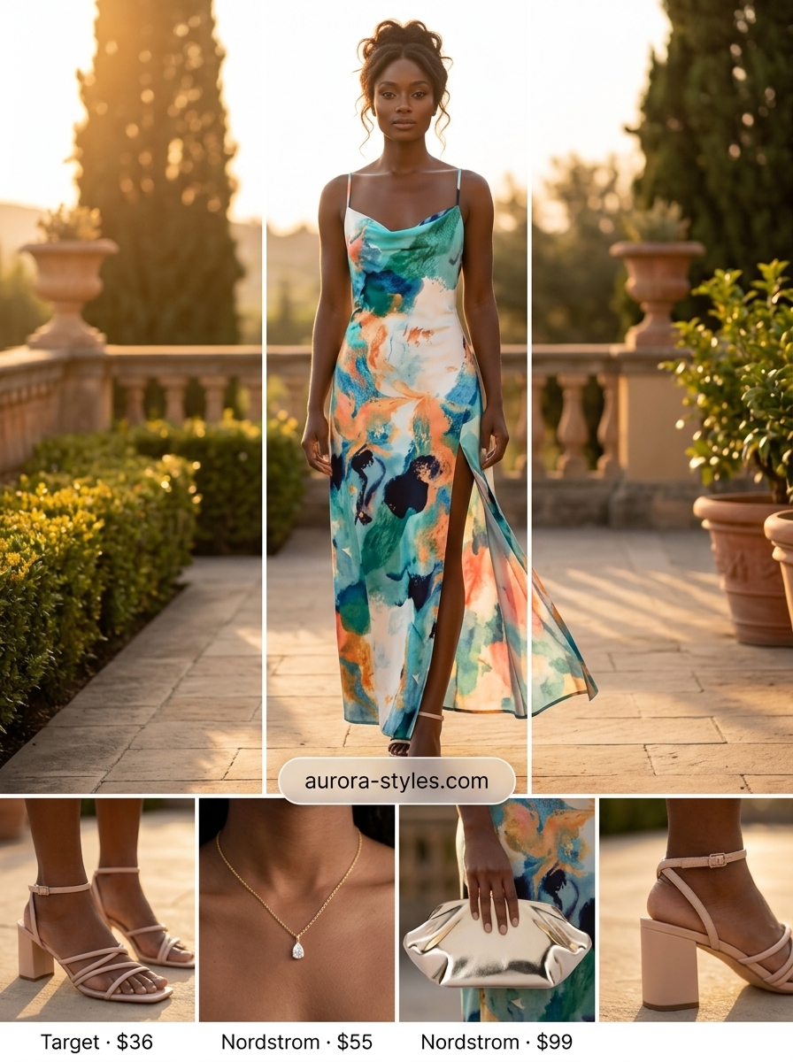 Trendy summer outfits for black woman 2026: Turquoise coral abstract print maxi dress, gold clutch, nude sandals.