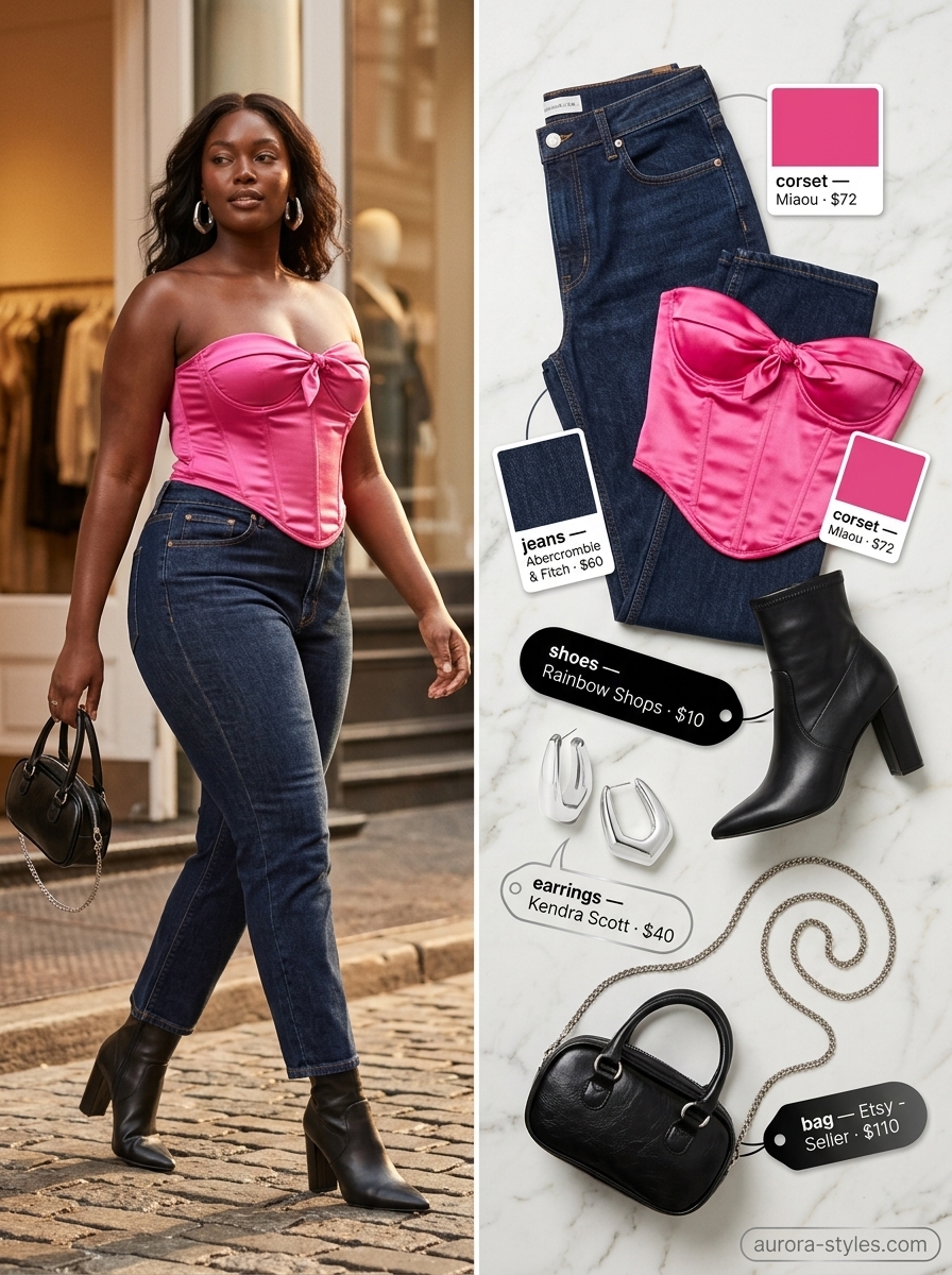 Trendy summer outfits for black woman 2026: Dark wash denim jeans, hot pink corset top, black ankle boots, silver earrings.