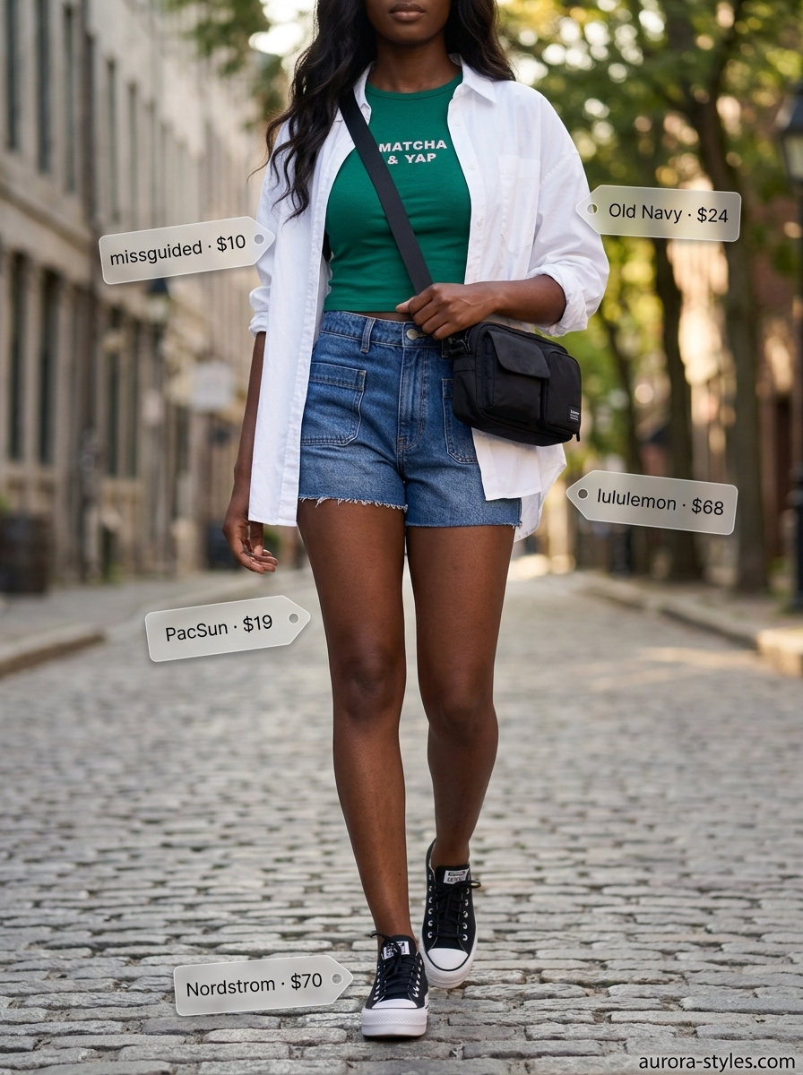 Trendy summer outfits for black woman 2026: Denim shorts, emerald graphic crop top, oversized white shirt, crossbody bag.