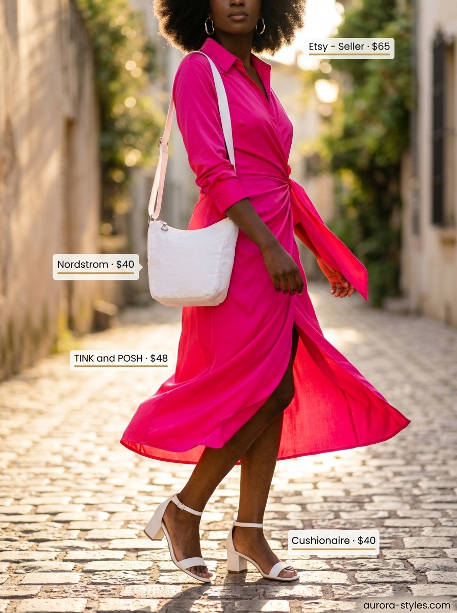 Trendy summer outfits for black woman 2026: Bright fuchsia wrap dress, white block heels, silver hoops, mini shoulder bag.