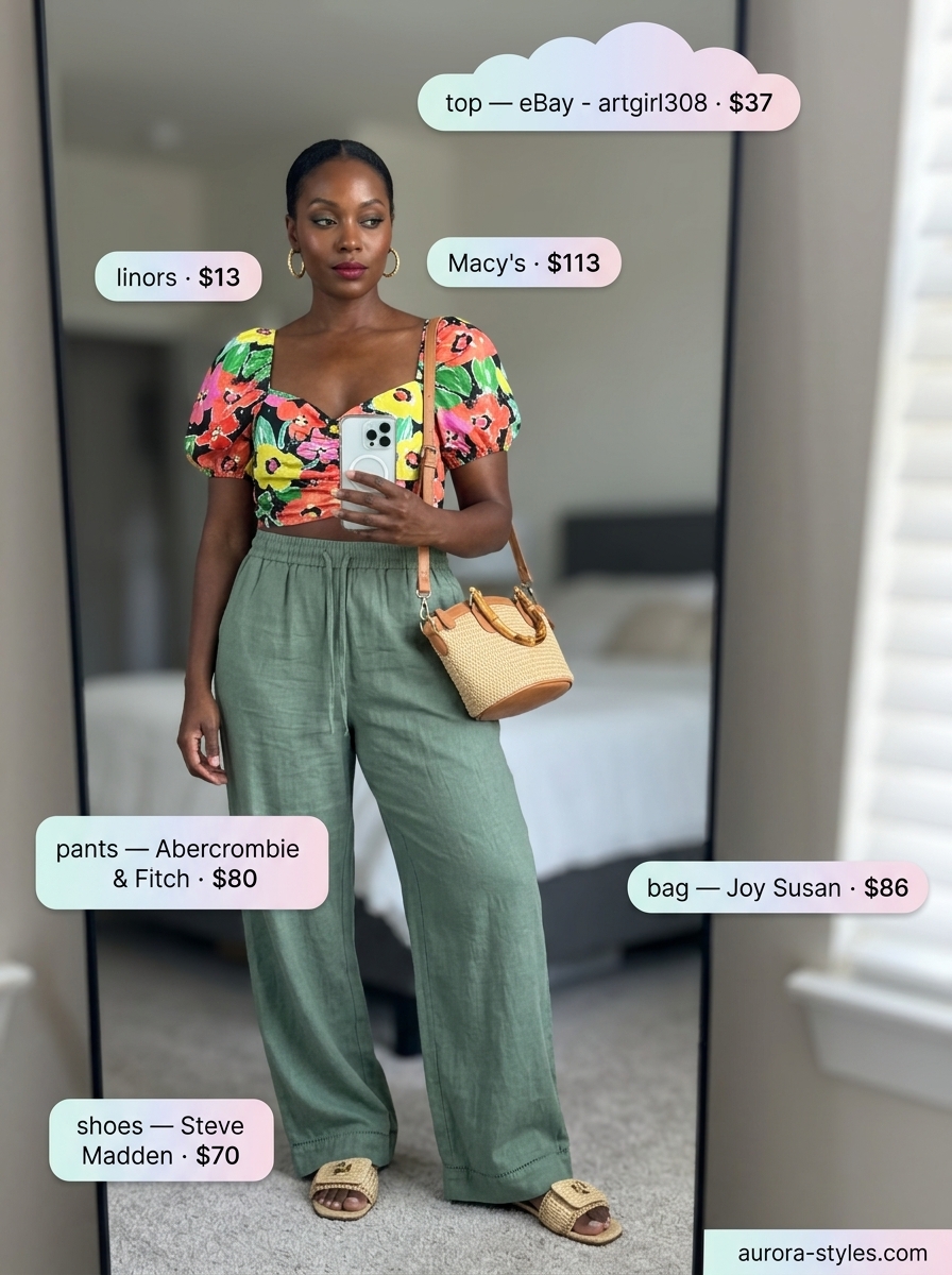 Trendy summer outfits for black woman 2026: Emerald green linen pants, tropical print crop top, gold hoops, raffia bag.