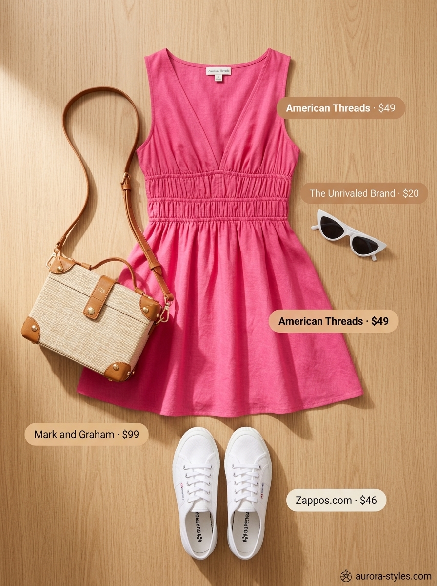 Trendy summer outfits for black woman 2026: Hot pink sundress, white sneakers, cat-eye sunglasses, woven crossbody bag.