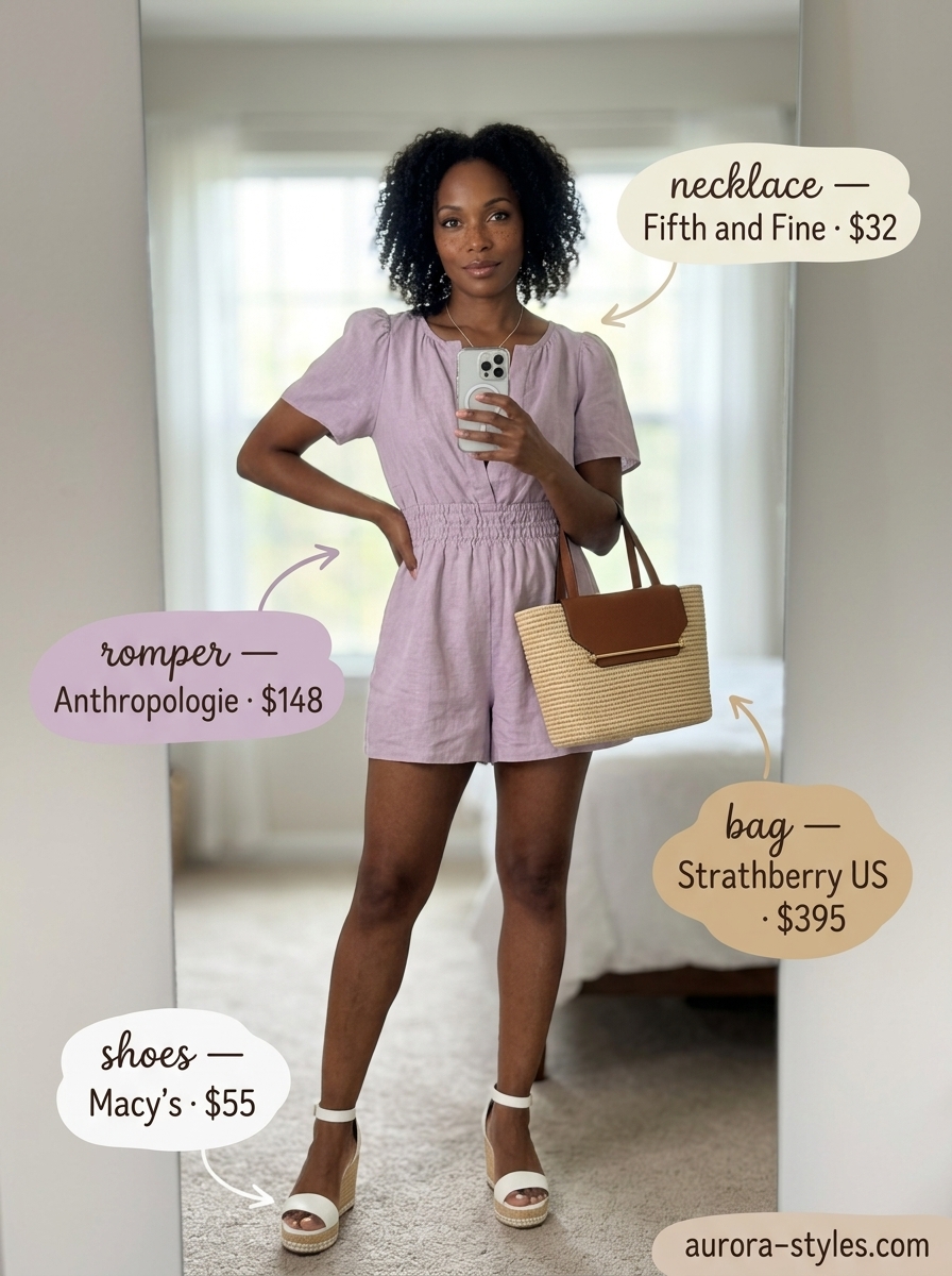 Trendy summer outfits for black woman 2026: Lavender linen romper, white espadrilles, straw mini bag, silver necklace.