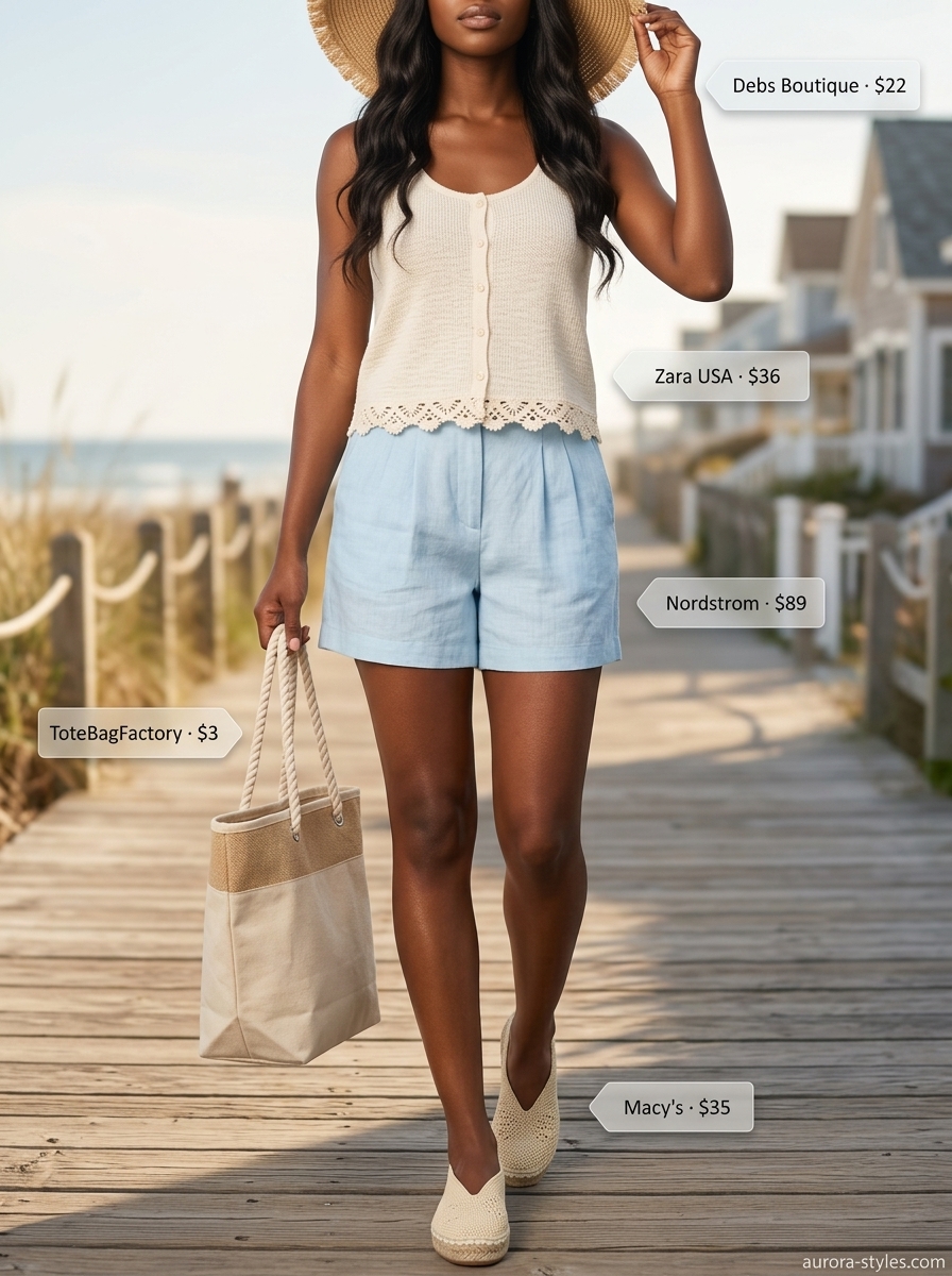 Trendy summer outfits for black woman 2026: Sky blue linen shorts, cream crochet top, straw hat, canvas tote.