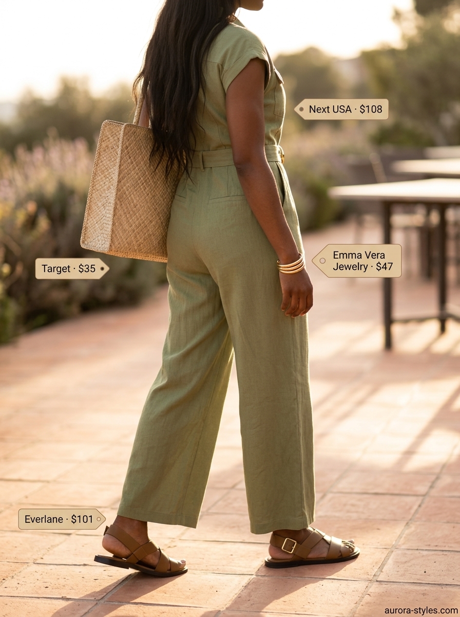 Trendy summer outfits for black woman 2026: Khaki utility jumpsuit, gold bangles, tan leather sandals, straw tote bag.
