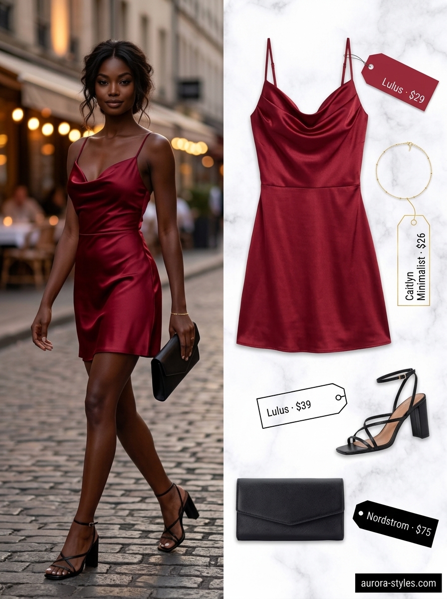 Trendy summer outfits for black woman 2026: Burgundy satin slip dress, black heels, and gold jewelry for a sultry night out.