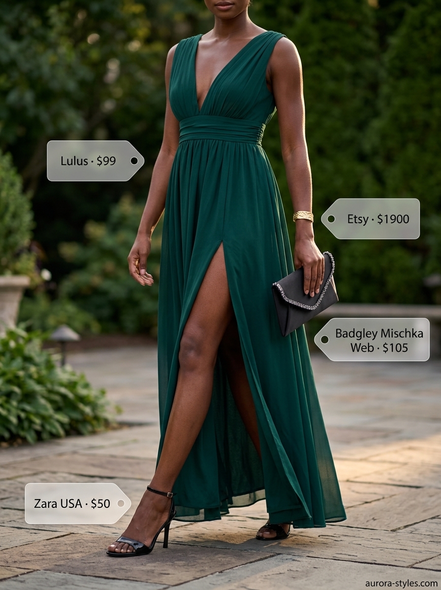 Trendy summer outfits for black woman 2026: Emerald green chiffon maxi dress with gold cuff bracelet and black patent heels.