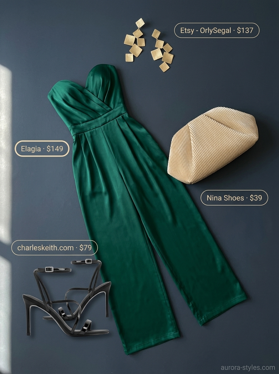 Trendy summer outfits for black woman 2026: Emerald green wide-leg jumpsuit, statement gold earrings for a glamorous evening.