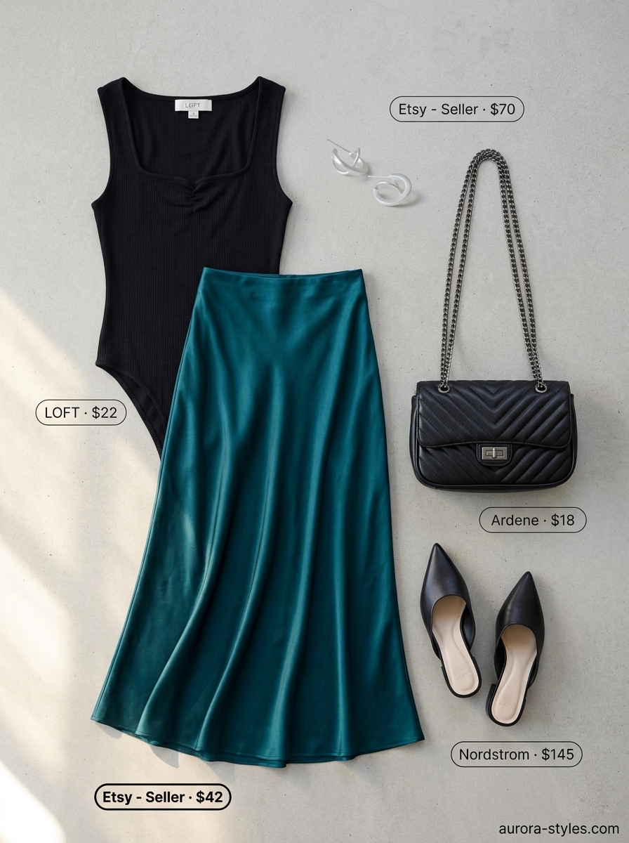 Trendy summer outfits for black woman 2026: Deep teal slip skirt, black bodysuit, and black pointed-toe mules.