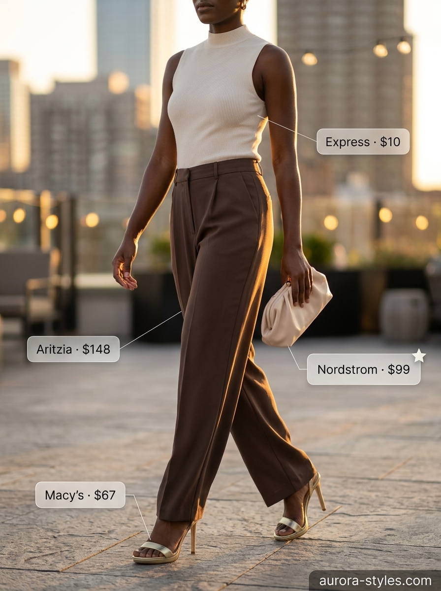 Trendy summer outfits for black woman 2026: Warm mocha wide-leg trousers, cream knit top, and gold stiletto sandals.