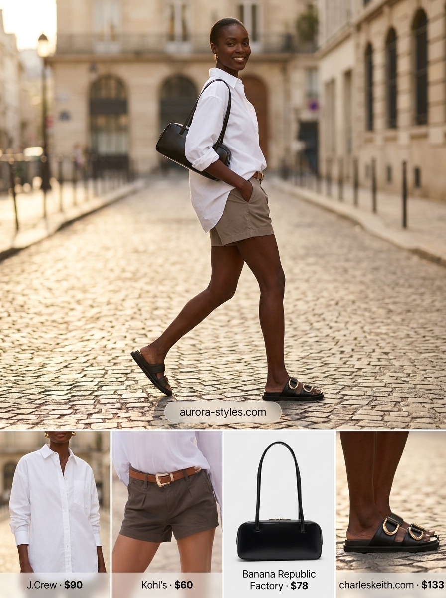 Trendy summer outfits for black woman 2026: Khaki shorts, white oversized shirt, and black accessories for city exploration.