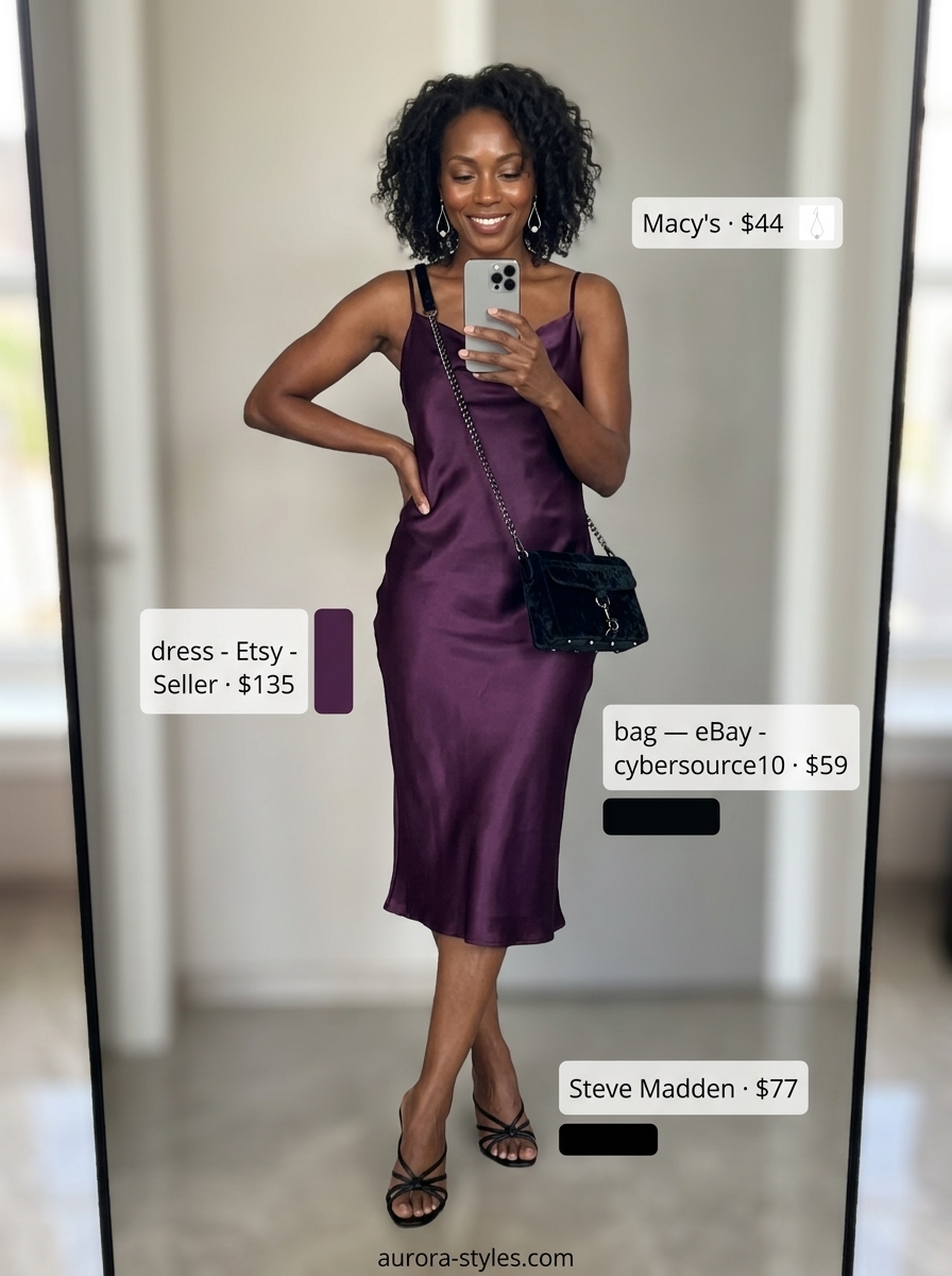 Trendy summer outfits for black woman 2026: Deep plum satin cowl neck slip dress with silver drop earrings and black strappy heels.