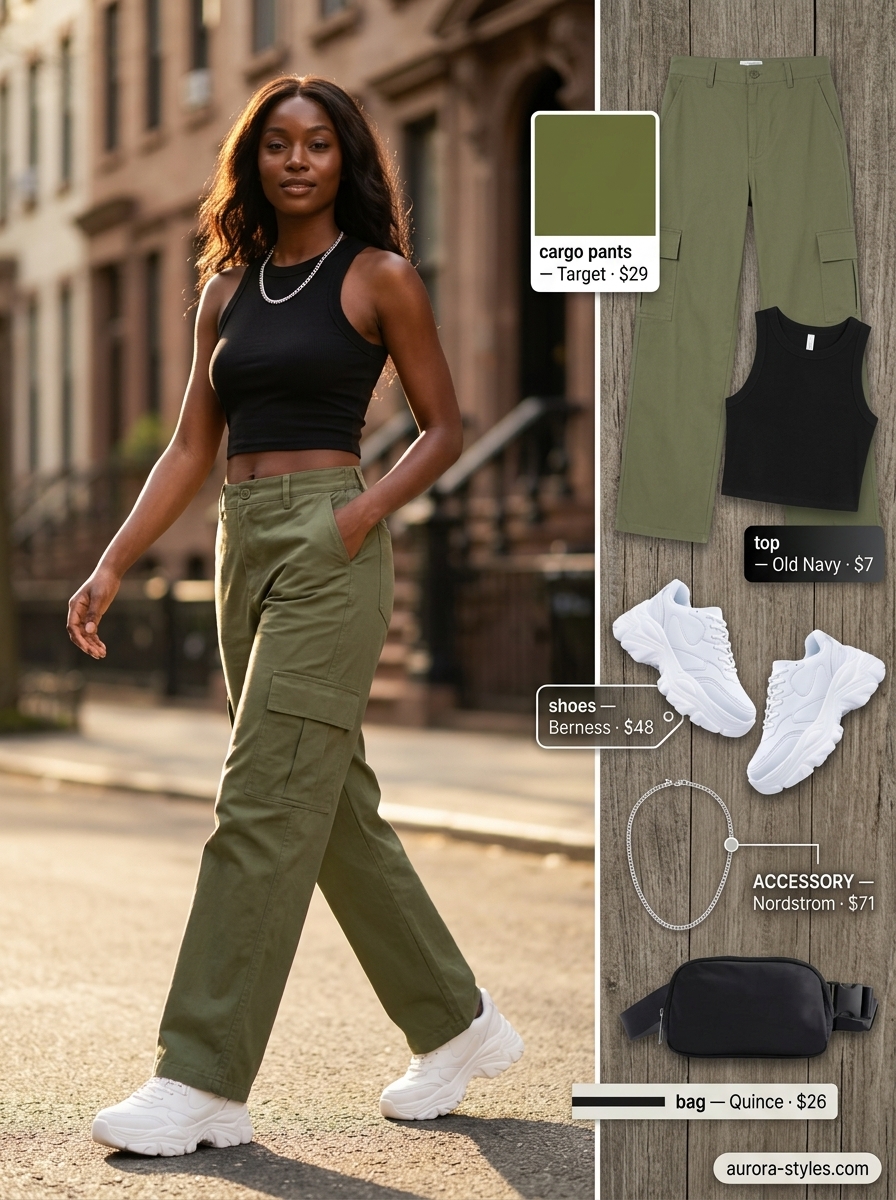 Trendy summer outfits for black woman 2026: Olive green cargo pants, black crop top, and chunky white sneakers.
