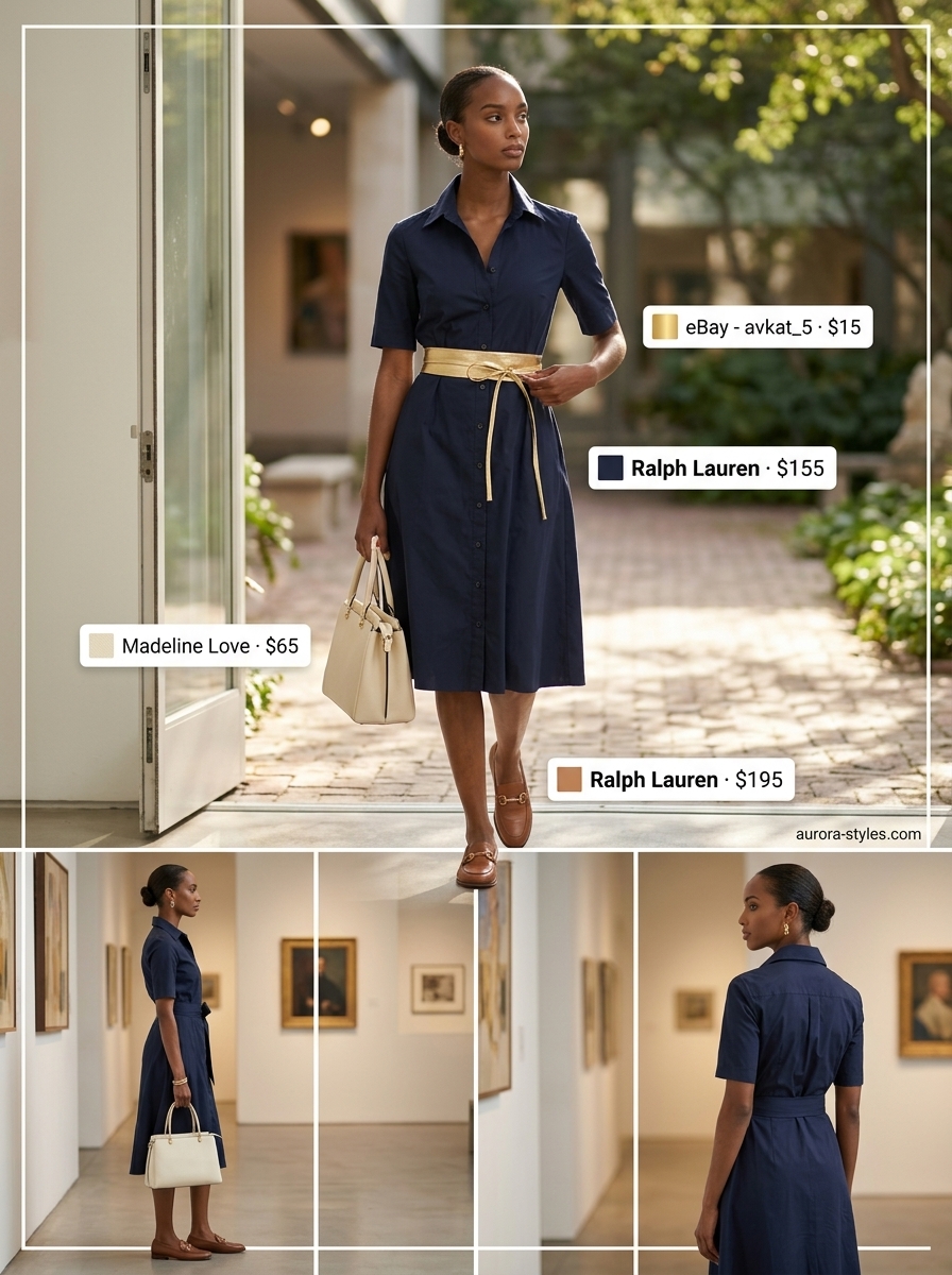 Trendy summer outfits for black woman 2026: Navy shirt dress, tan loafers, and gold belt for an art gallery visit.