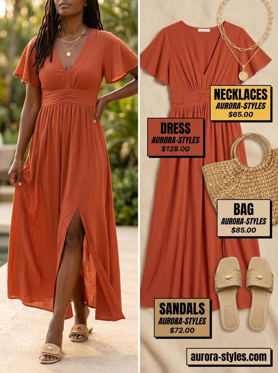 Trendy summer outfits for black woman 2026: Terracotta maxi dress, straw tote, and gold necklaces for a desert oasis.