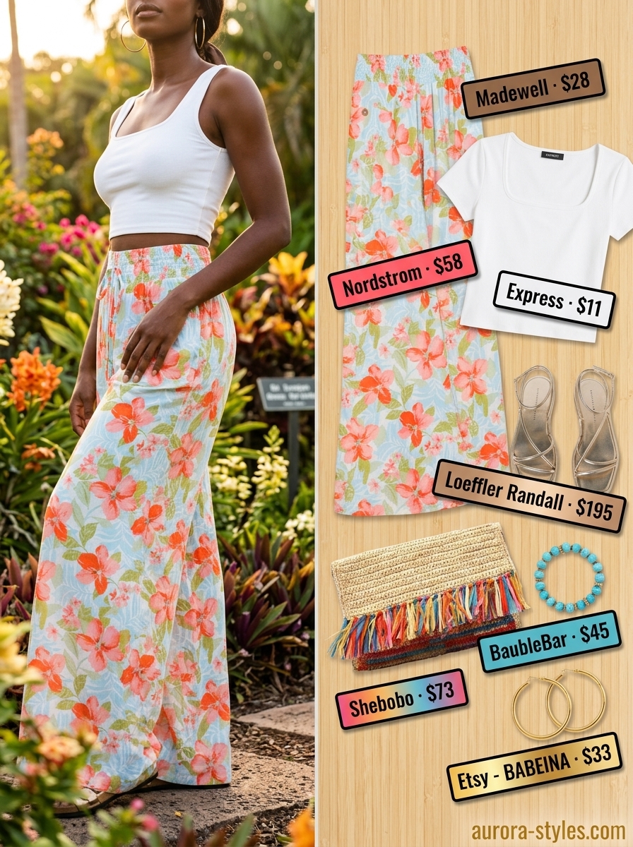 Trendy summer outfits for black woman 2026: Bold tropical pants, white crop top, and gold accessories for resort wear.