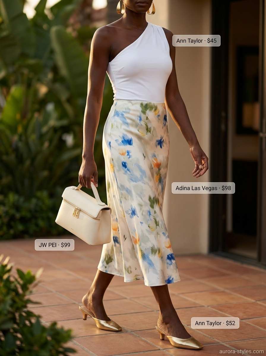 Trendy summer outfits for black woman 2026: Tropical print midi skirt, white one-shoulder top, and gold heeled mules.