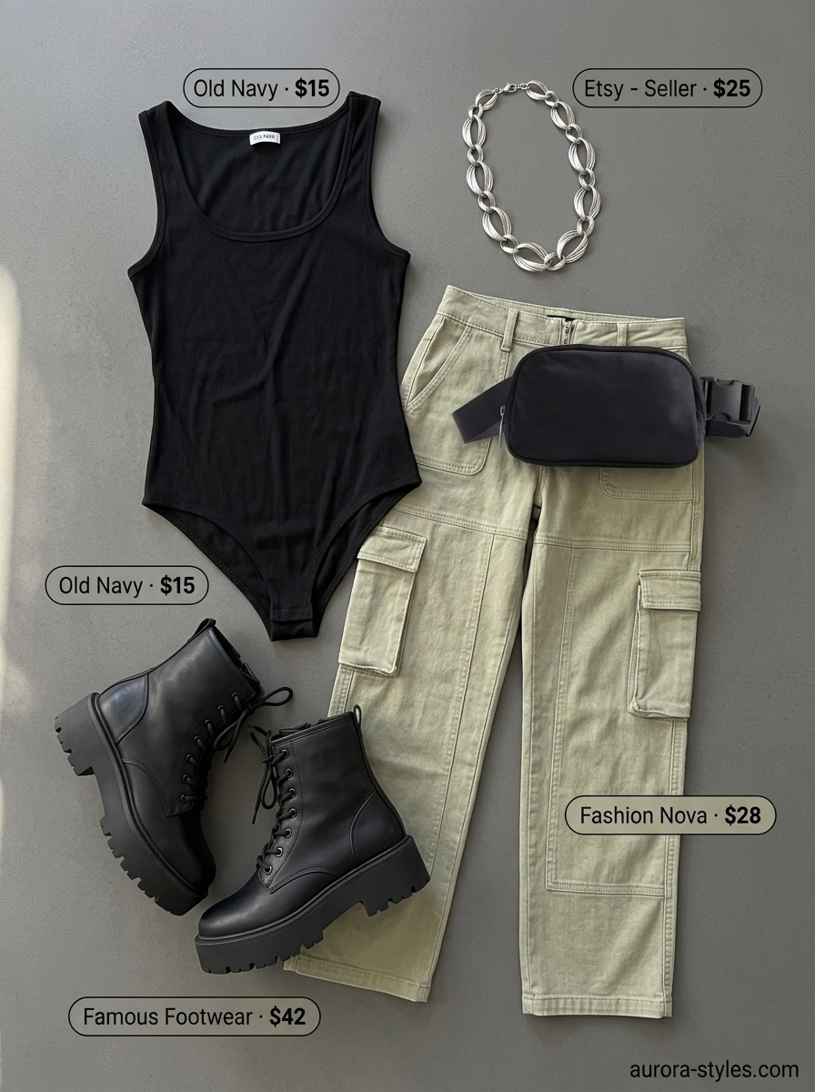 Trendy summer outfits for black woman 2026: Khaki green cargo pants, black bodysuit, and chunky combat boots.