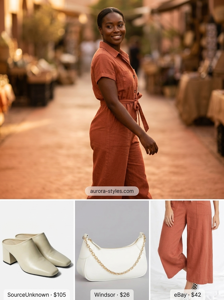 Trendy summer outfit for black woman 2026: Terracotta utility jumpsuit, gold necklaces, and cream mules for a modern look.