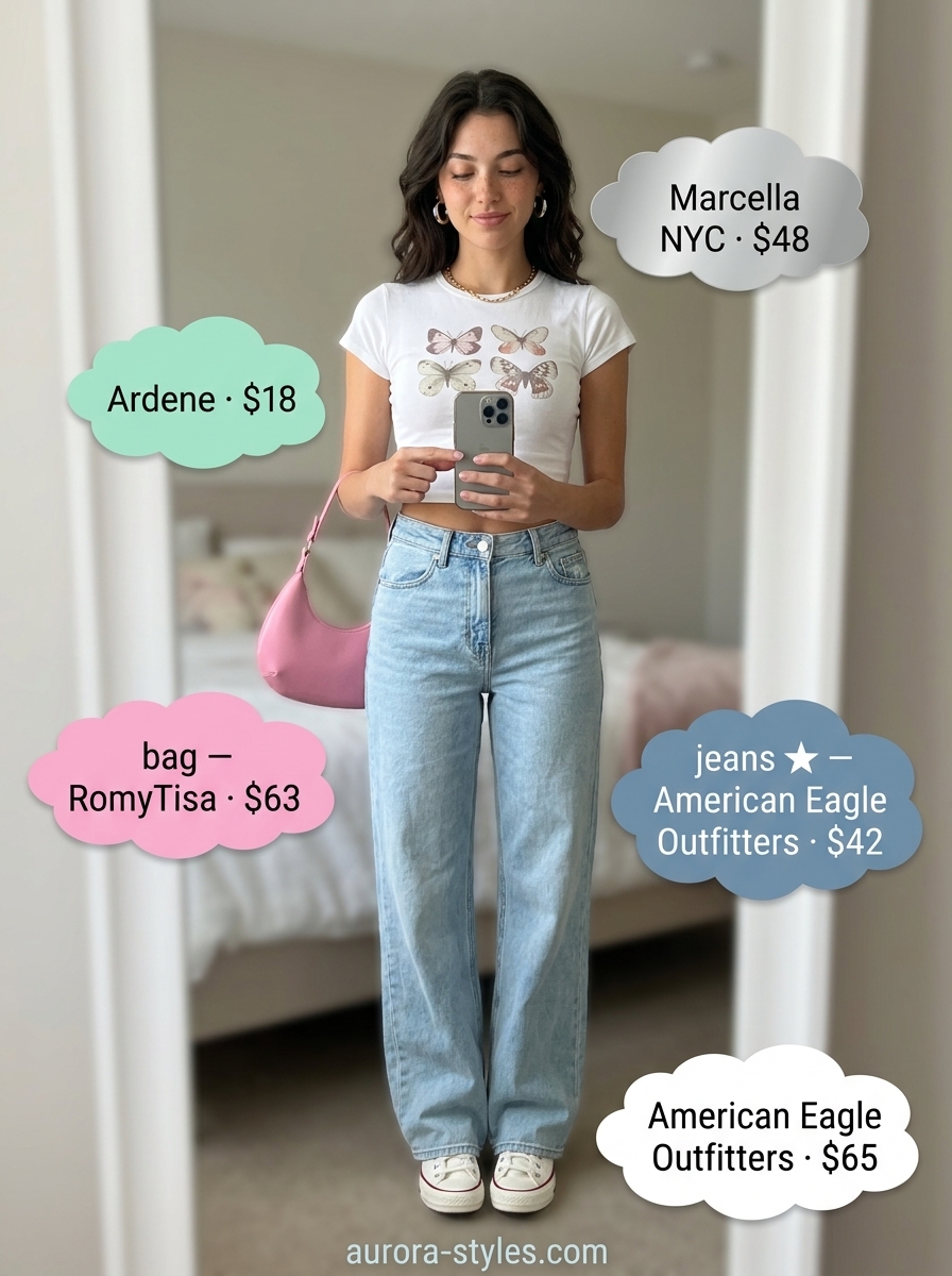 Wide leg jean outfits summer for women 2026: Light blue denim with graphic crop top, pink bag, and white sneakers.