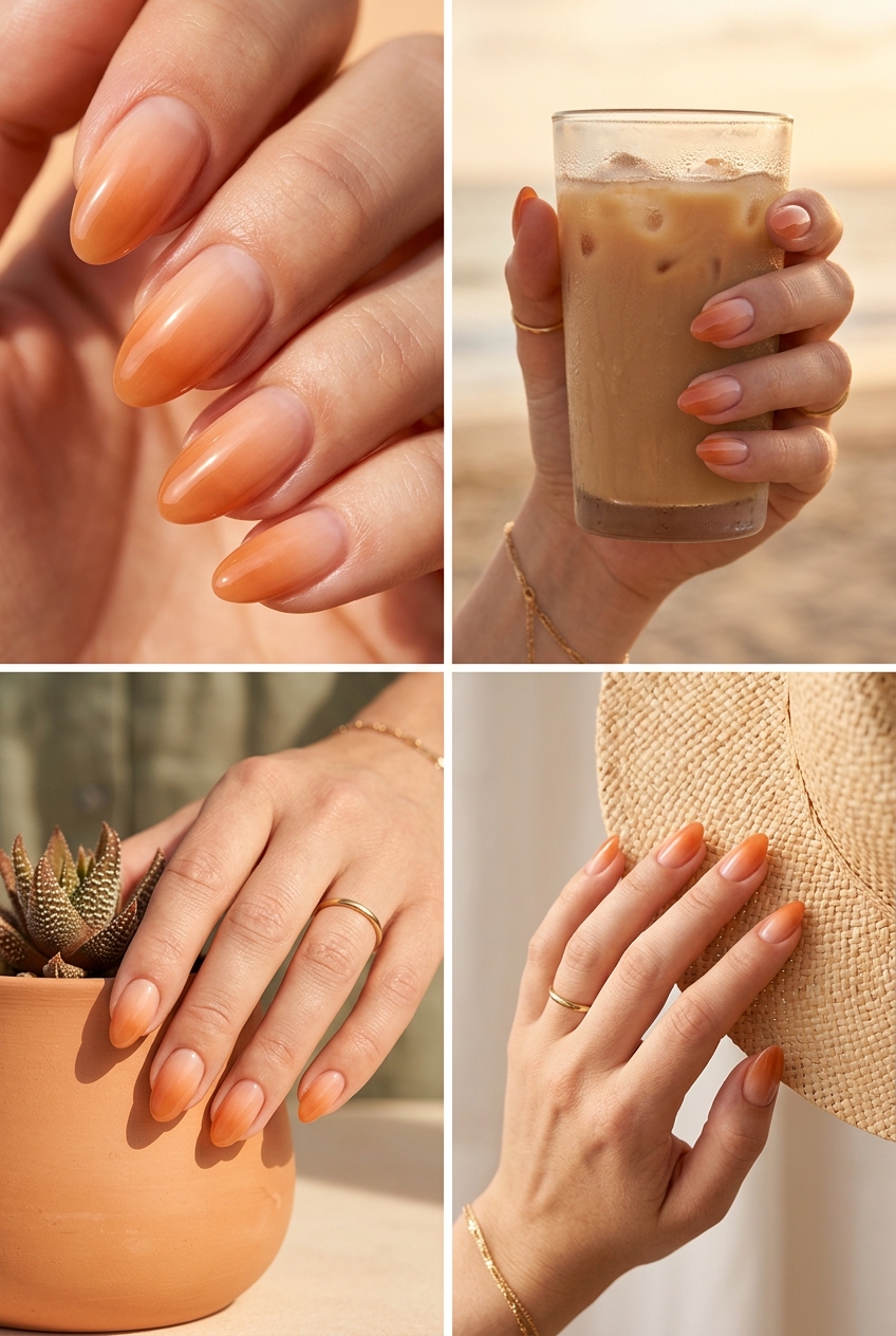 Sunset apricot jelly ombre almond nails 2026 for fair skin, perfect for vacation and summer evenings.