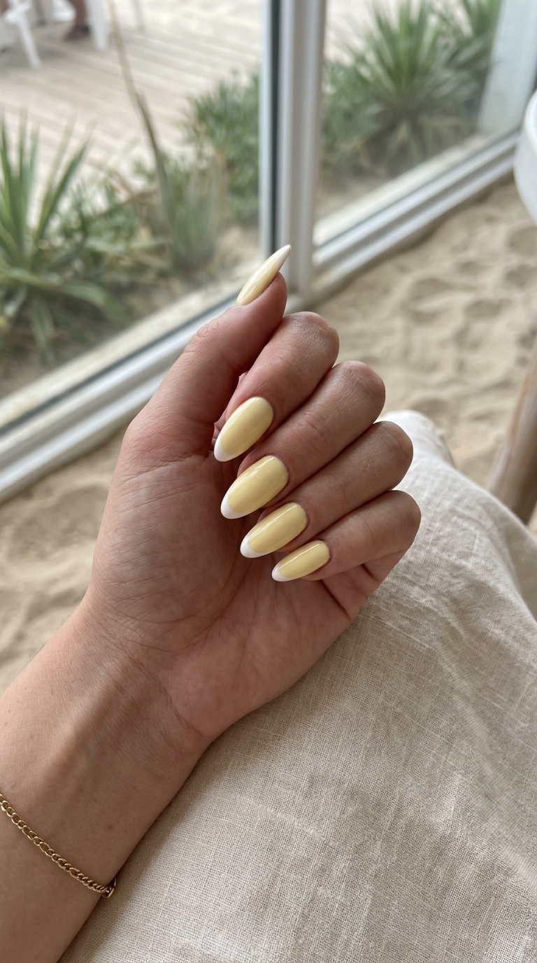 Butter Yellow French Almond Nails 2026 Sunny butter yellow reverse French almond nails 2026 for fair skin, great for casual outings.