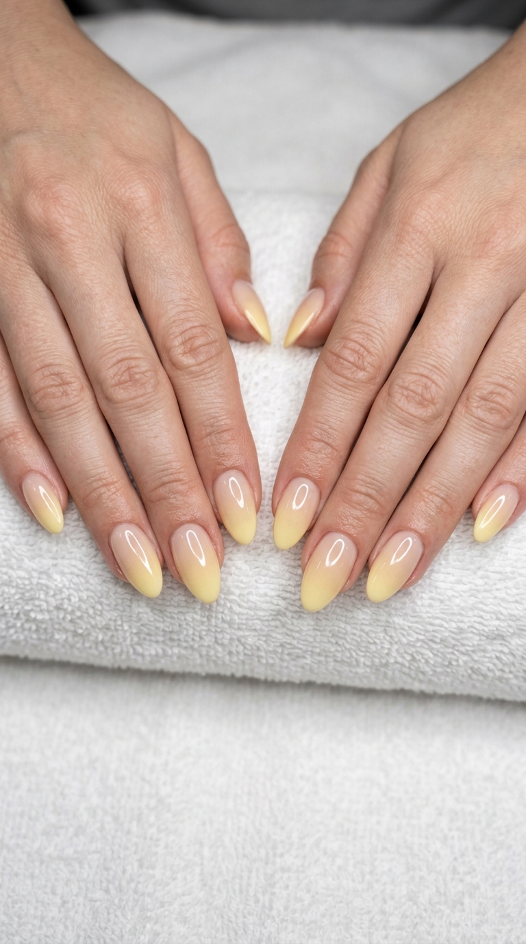 Butter Yellow Gradient Almond Nails 2026 Butter yellow almond airbrush gradient nails 2026 for fair skin, effortless summer style.