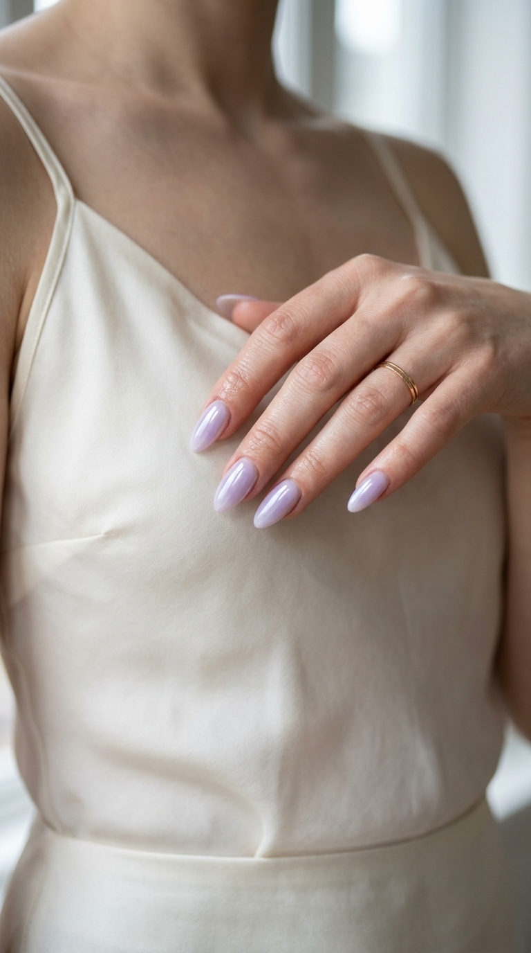 Lavender Aura Almond Nails 2026 | Ethereal Date Night Pale Lavender Glossy Aura Almond nails: pale lavender with soft gradient blend. Almond summer nails 2026 for fair skin.