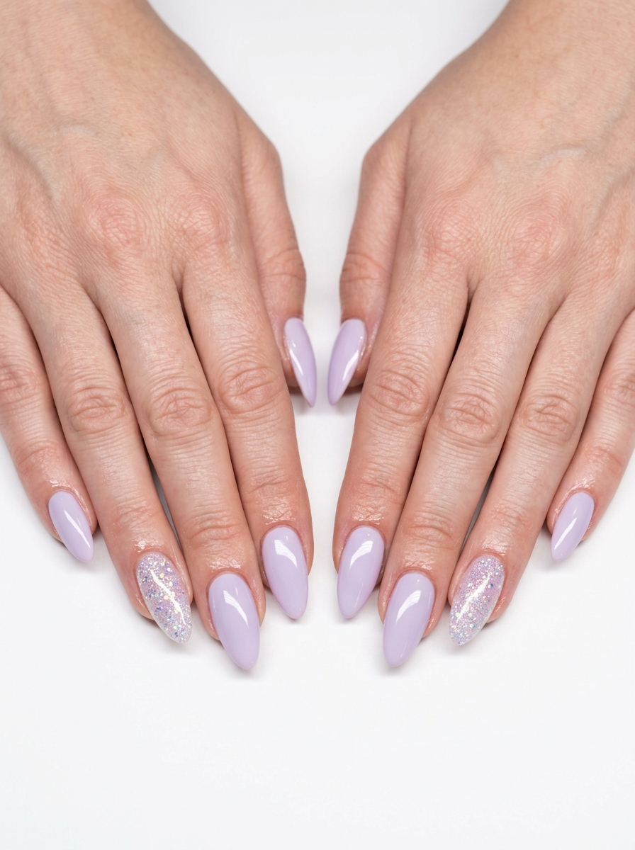 Lavender Glitter Almond Nails 2026 for Date Night Sparkling lavender almond nails 2026 for fair skin with iridescent glitter accents for date night.