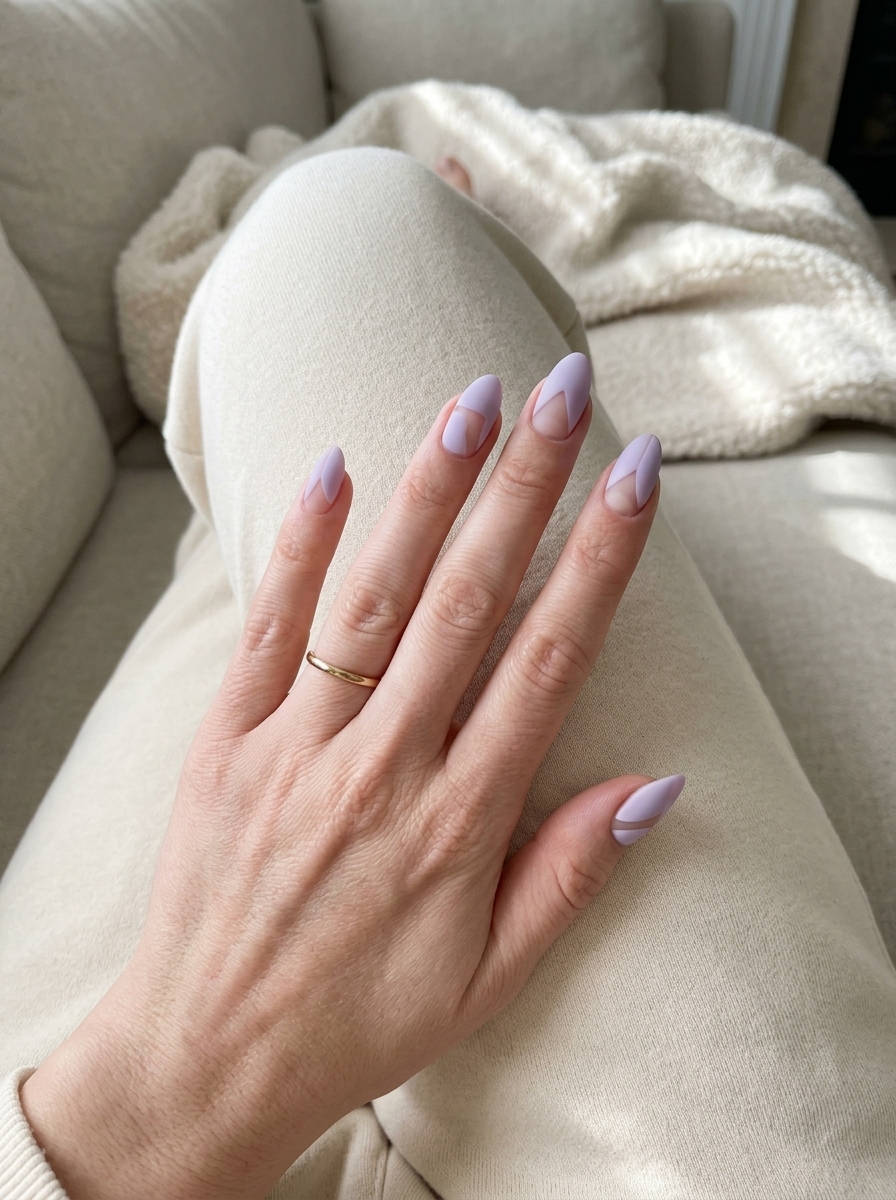 Lavender Negative Space Almond Nails 2026 | Chic Art Gallery Modern Negative Space Lavender Almond nails: pale lavender with matte finish and exposed nail. Almond summer nails 2026.