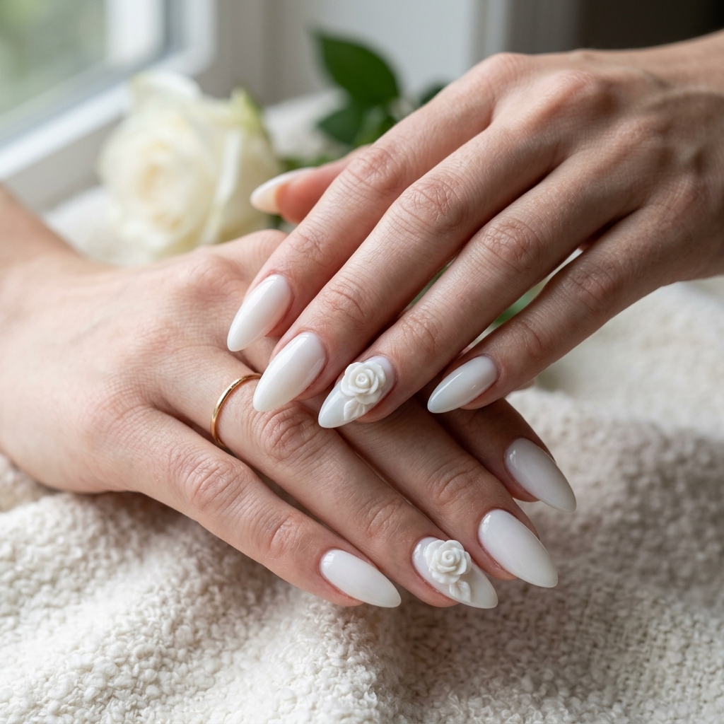 Milky White 3D Bloom Almond Nails 2026 Milky white 3D bloom almond nails 2026 for fair skin, romantic for weddings and chic everyday.