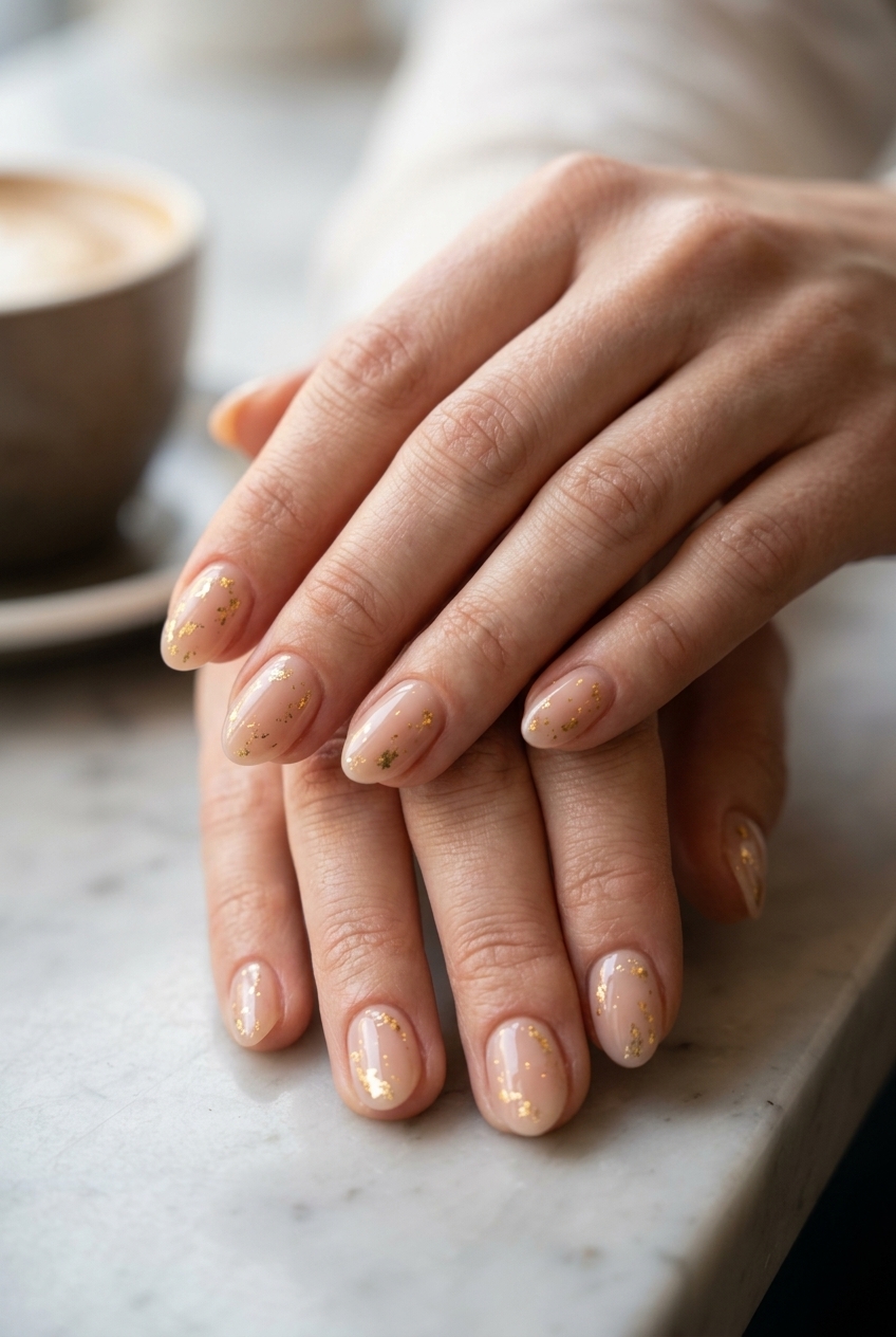 Nude Foil Flake Almond Nails 2026 | Minimalist Elegance Sheer Nude Almond with Foil Flakes nails: sheer nude base with scattered gold foil. Almond summer nails 2026.