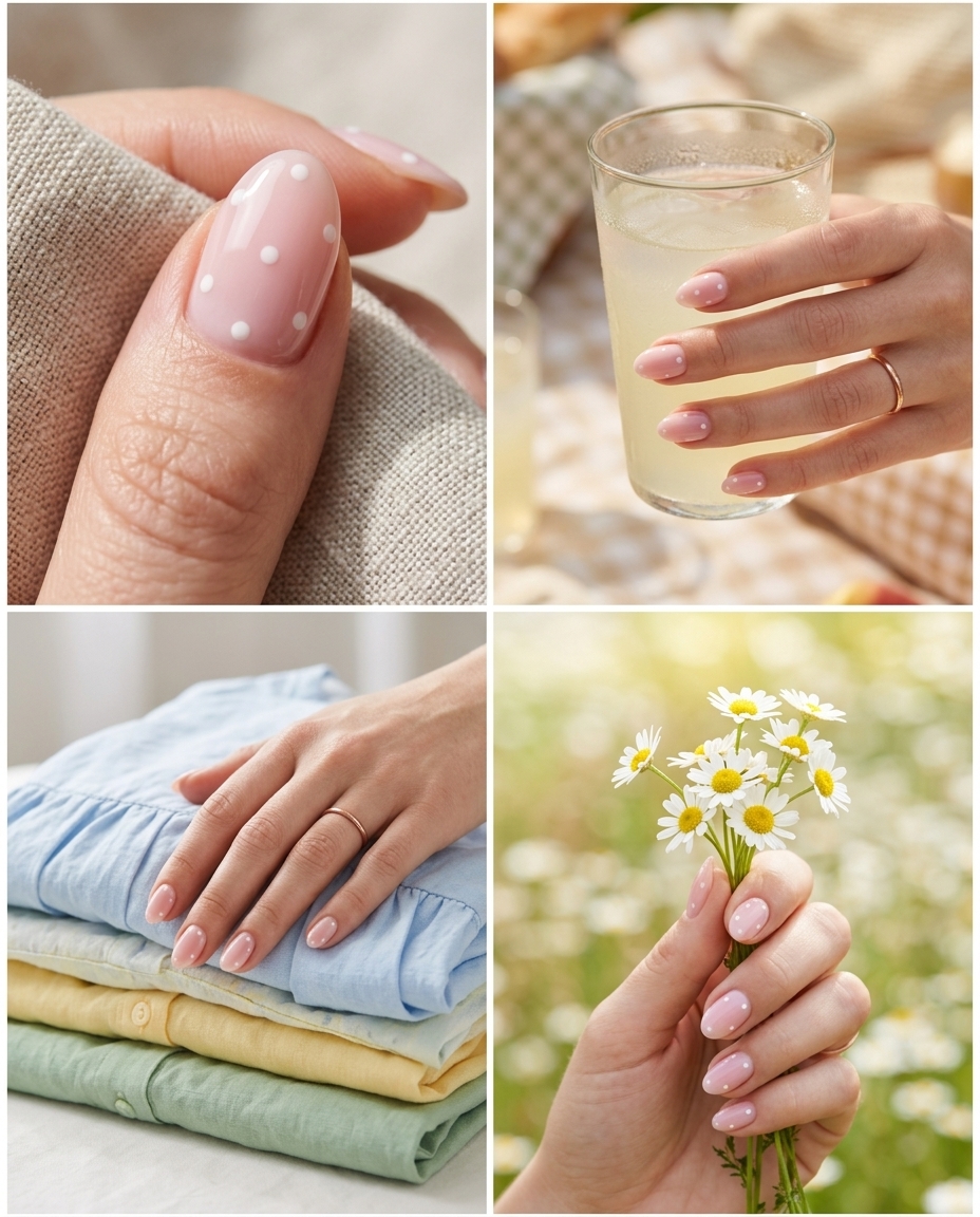 Sweet Polka Dot Almond Nails 2026 Milky pink almond nails with white polka dots for fair skin. Sweet summer nails 2026.