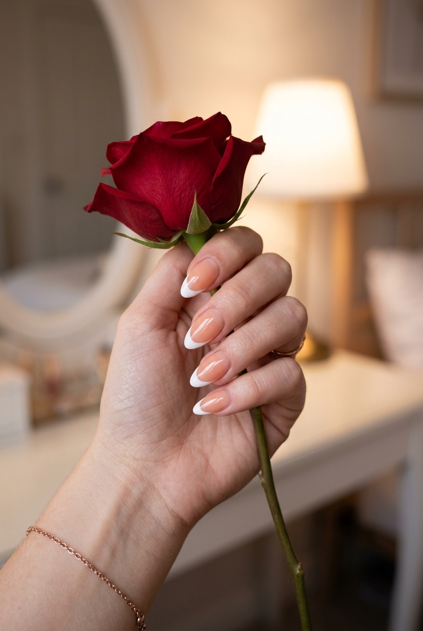 Sunset French Almond Nails 2026 | Romantic Date Night Sunset French Almond nails: sheer apricot base with glossy white tips. Almond summer nails 2026 for fair skin.