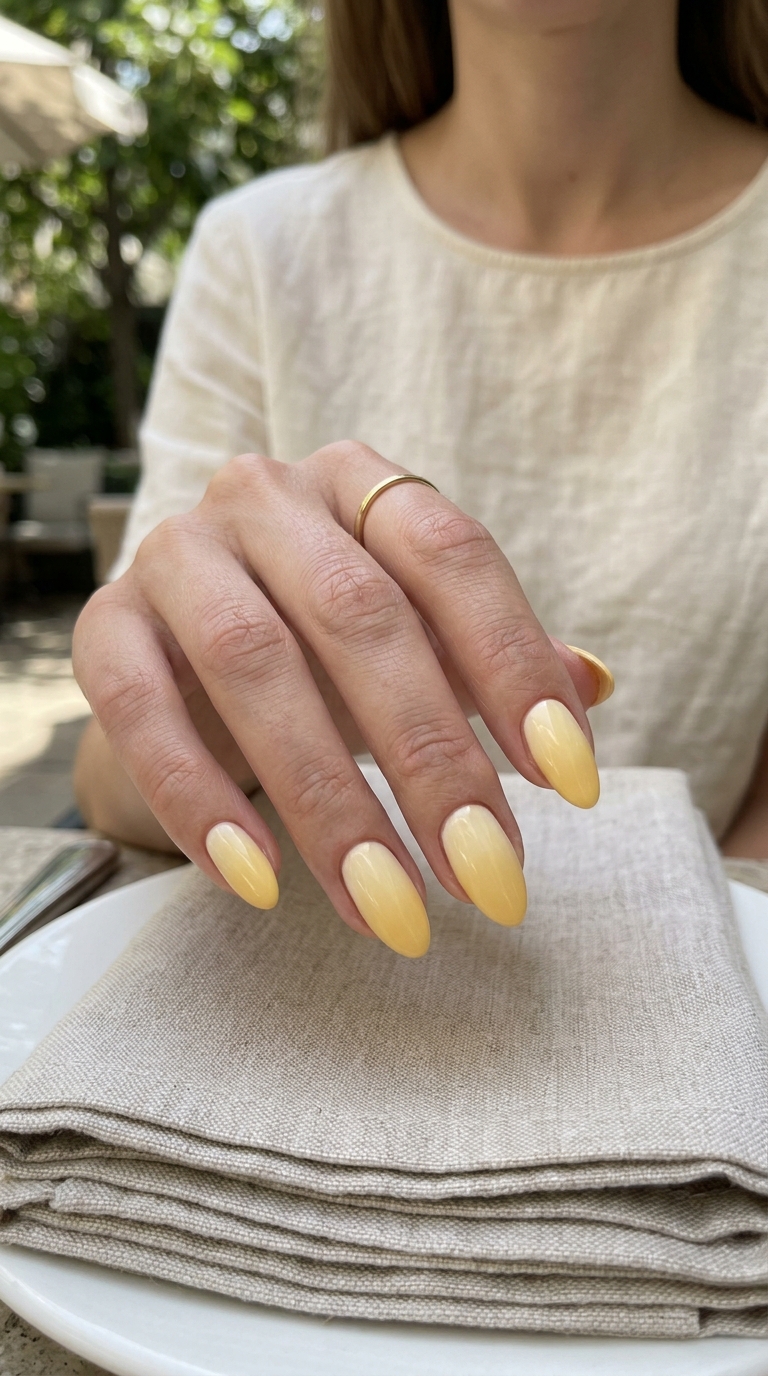 Sunshine Yellow Ombre Almond Nails 2026 Sunshine butter yellow ombre almond nails 2026 for fair skin, joyful for summer festivals.