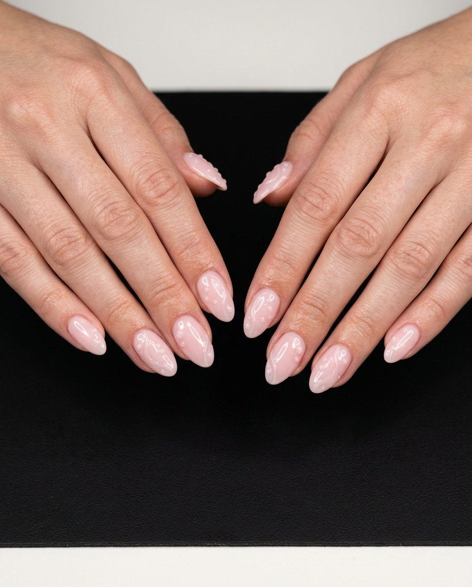 Textured Milky Pink Almond Nails 2026 | Sophisticated Daily Textured Milky Pink Almond nails: milky pink with subtle 3D clear/white gel texture. Almond summer nails 2026.