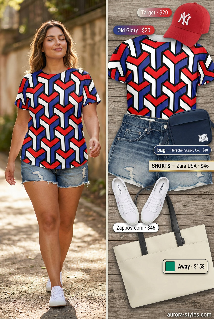 Summer tote bag outfit: Graphic tee, denim shorts, baseball cap, crossbody bag, and sneakers. No tote bag shown.