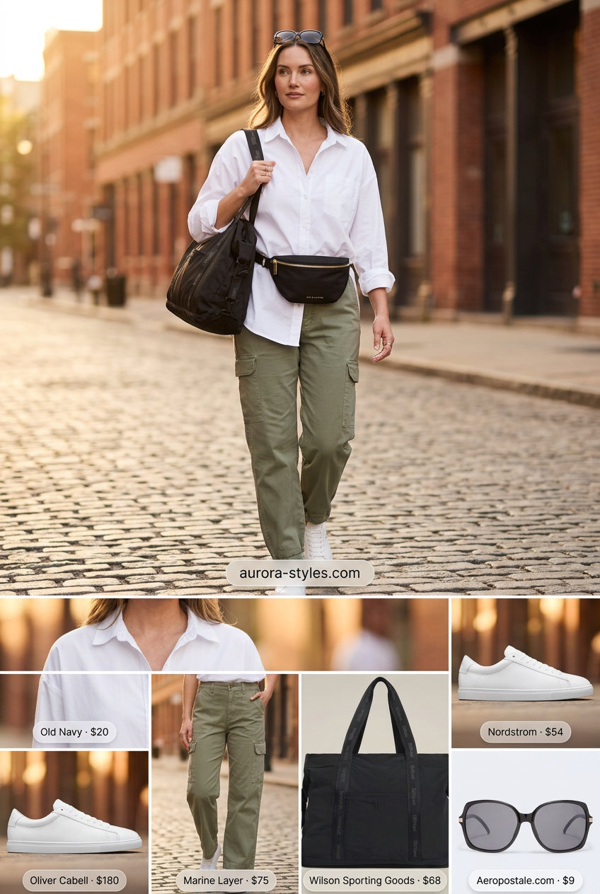 Summer tote bag outfit: Cargo pants, oversized shirt, sneakers, belt bag, and sunglasses. No tote bag shown.