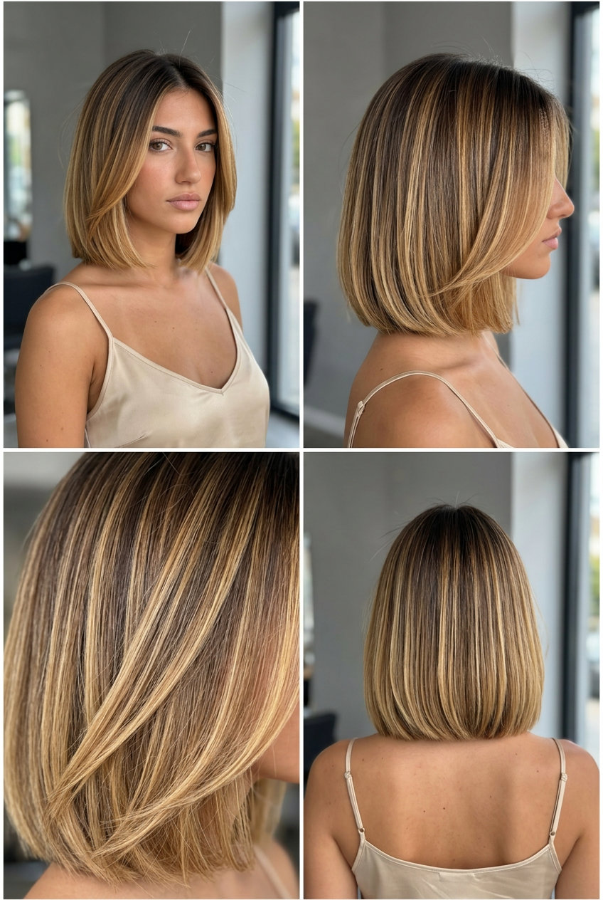 short blunt bob haircut with amber ale blonde highlights and root shadow for bold luxury