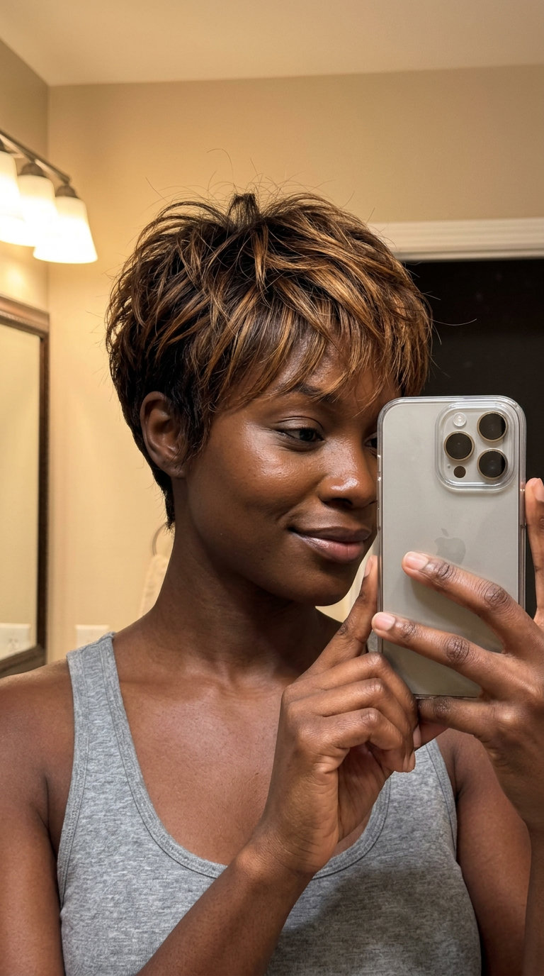 short textured pixie haircut with amber ale blonde highlights and wispy side-swept bangs for edgy chic