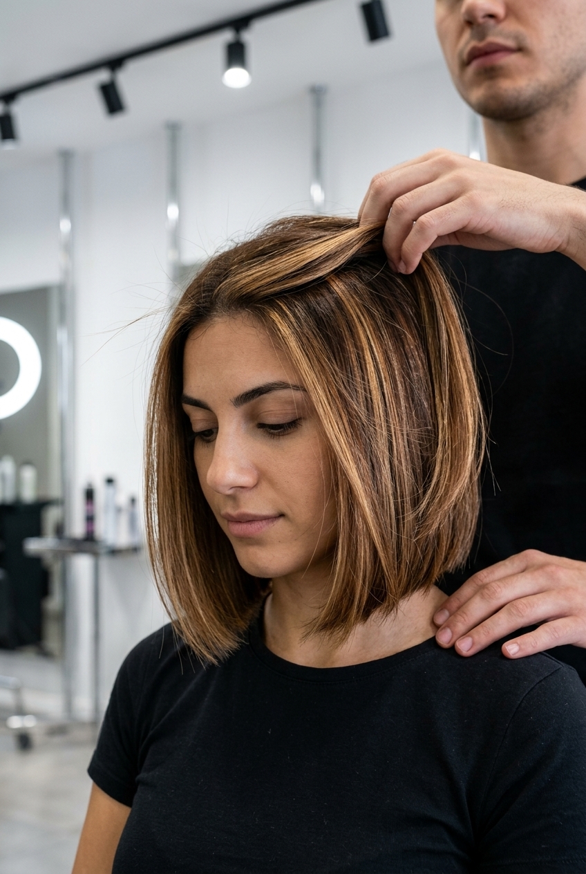 chin-length blunt bob with amber ale blonde highlights, golden bronze undertones, sharp perimeter for classic sophistication