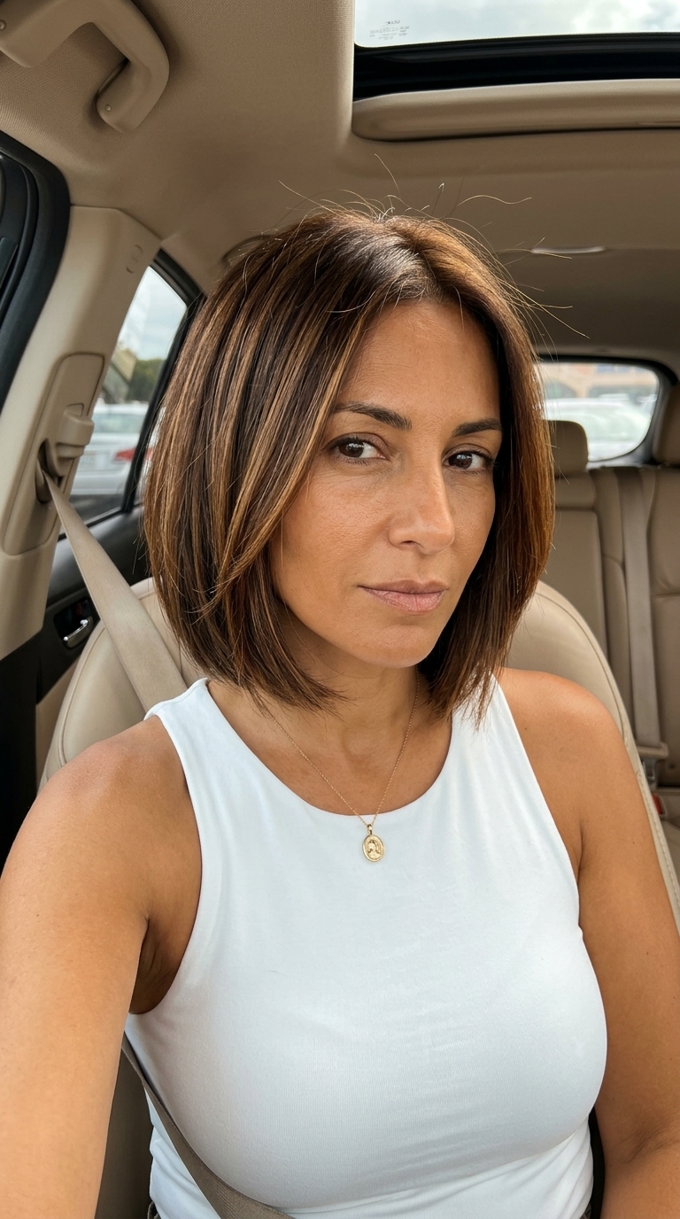 Modern Amber Bob Haircut 2026 chin-length amber brunette bob haircut with caramel balayage and face-framing for summer