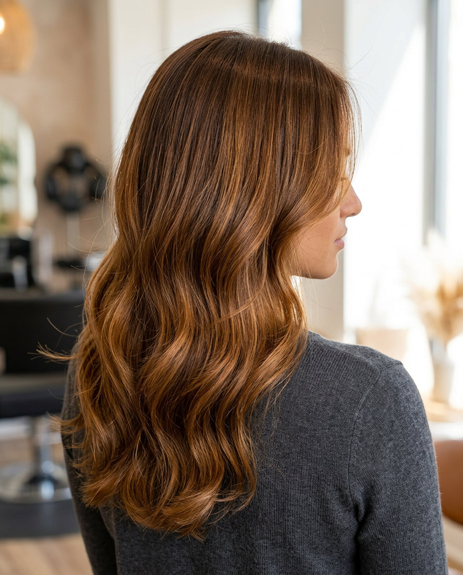 long amber-gold brunette hair color with soft layers, translucent gloss for romantic dinner