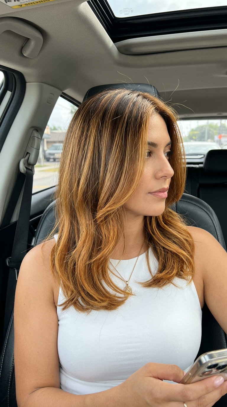 long wavy honey blonde hair with amber gold and chestnut lowlights, V-cut back — effortless vacation