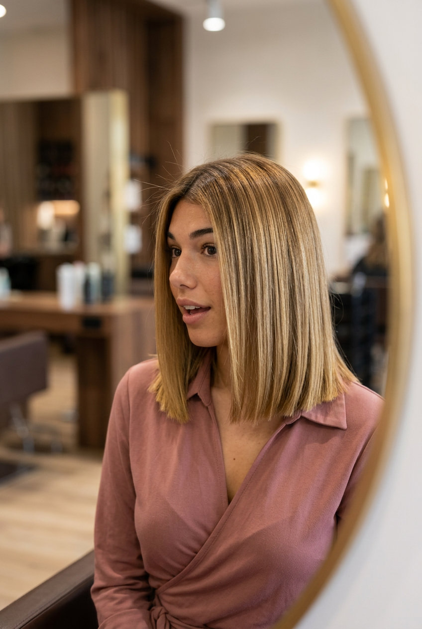 long antique gold blonde haircut with warm brown root, teasylights, and root smudge — bold and luxurious